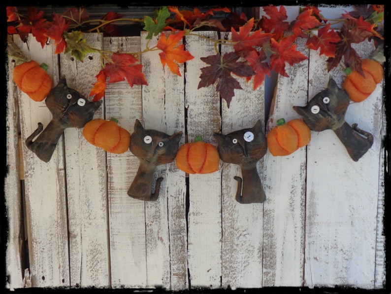 Made to Order Black Cat Pumpkin Garland Swag Bunting Wall Hanging, Primitive Halloween Folk Art, Halloween Autumn Fall Decor image 4