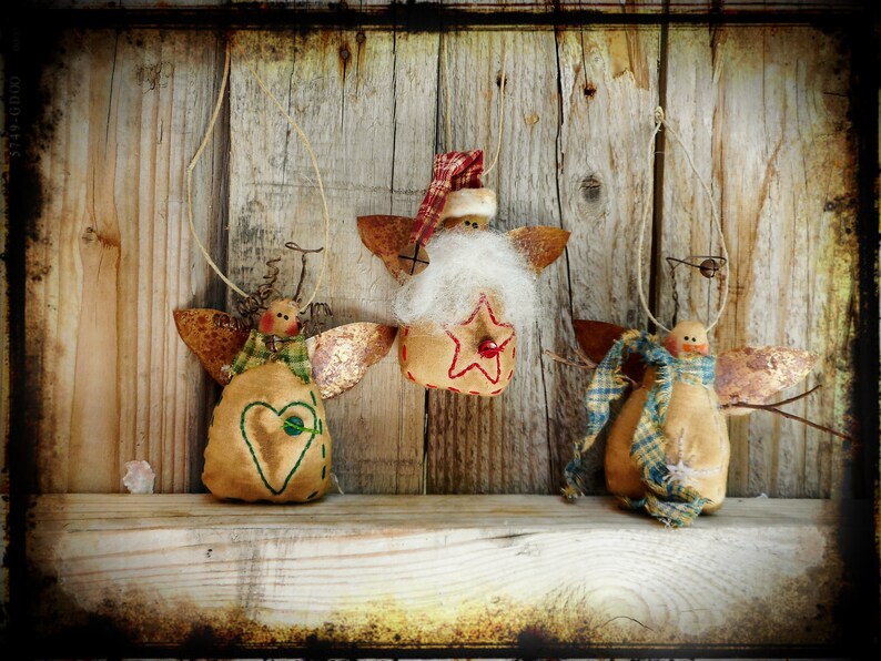 Set of 3 Primitive Christmas Tree Ornaments Angel Santa Etsy