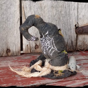 Made to Order - Old Witch Hat with Mouse and Spiderweb, Primitive Halloween Decoration, Small Witch Hat
