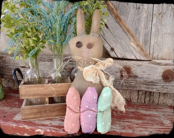 Primitive Easter Bunny Shelf Sitter: Grungy Folk Art Rag Doll with Eggs