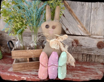 READY to SHIP, Gray Grungy Bunny with Eggs - Primitive Easter Bunny Shelf Sitter Folk Art Rag Doll, OOAK