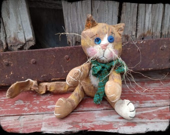 OOAK Orange Barn Cat, Folk Art, Primitive Kitten, Tiered Tray Décor, Farmhouse Cat, Shelf Sitter