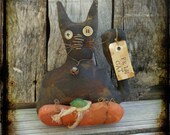 Primitive Folk Art, Black Cat Pumpkin Halloween Home Decor, Fall Autumn Harvest, OFG FAAP