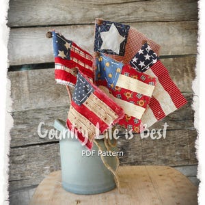 PDF Pattern, Primitive Flags, Scrappy Patriotic Flag Sticks, Fourth of July Americana Independence Day Decoration