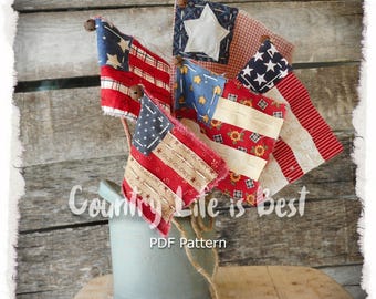 Primitive Scrappy Flag Sticks PDF Pattern: Americana Decoration