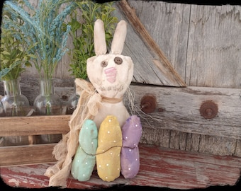 Primitive Easter Bunny Rag Doll: Grungy White Shelf Sitter with Eggs
