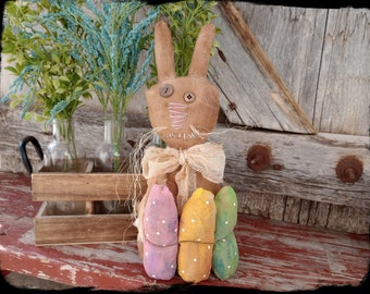 READY to SHIP, Brown Grungy Bunny with Eggs - Primitive Easter Bunny Shelf Sitter Folk Art Rag Doll, OOAK