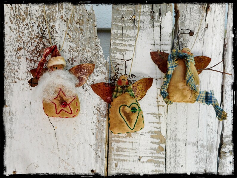 Set of 3 Primitive Christmas Tree Ornaments Angel Santa Etsy