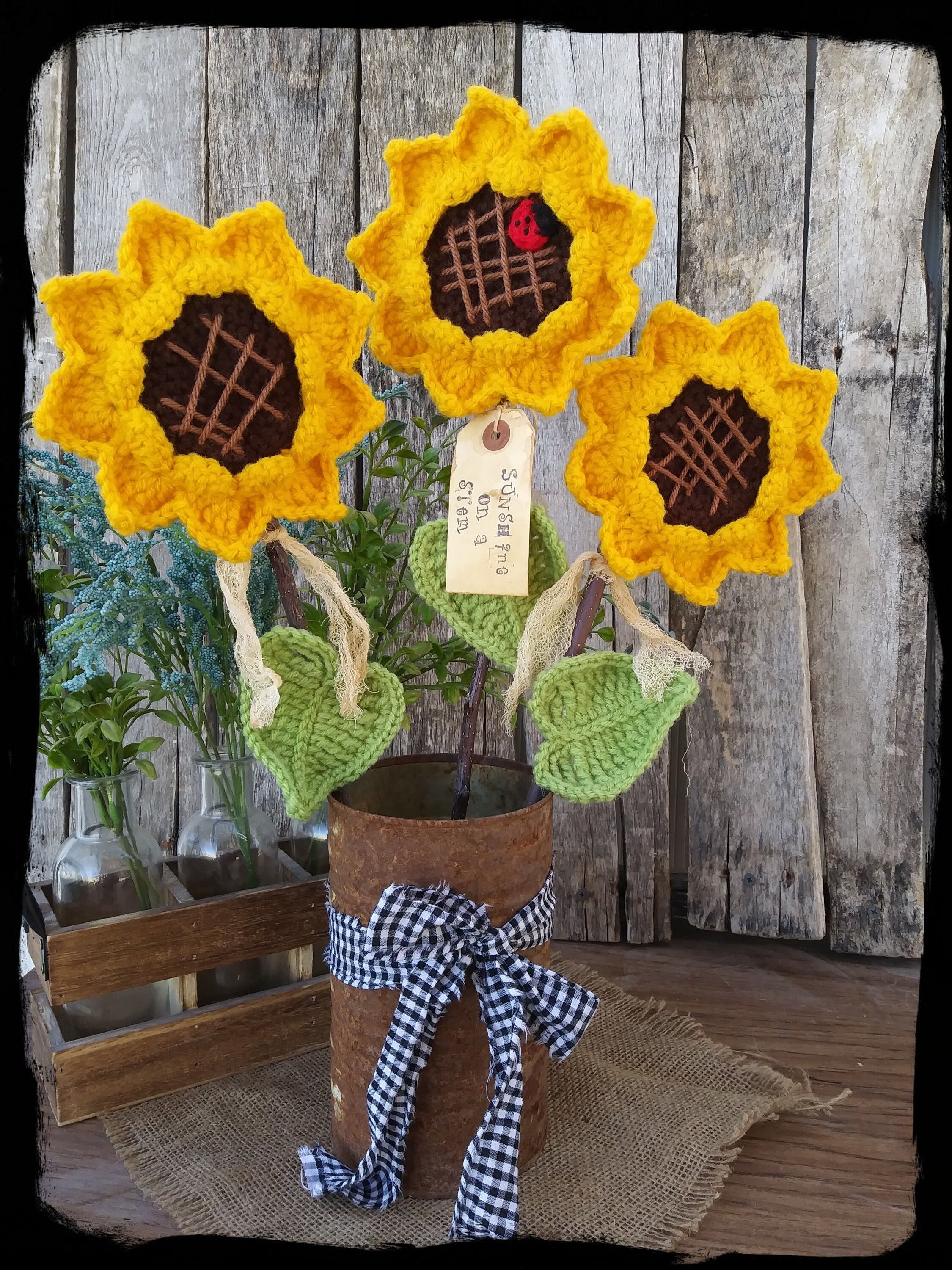 Crochet Sunflower Bouquet Primitive Summer Sunflowers With Etsy