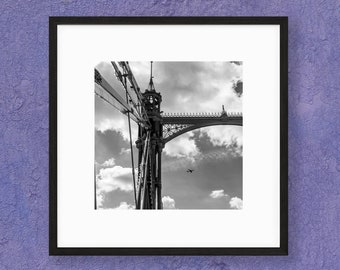 Albert Bridge and Plane Print - Black and White London Photography - Square Wall Art