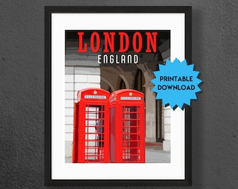 London Retro Style Travel Poster - Digital Download - Printable Travel Poster - London, England Phone boxes Poster Art - London Wall Art