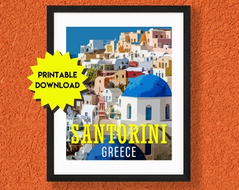 Santorini Greece Retro Style Travel Poster - Digital Download - Printable Travel Poster - Santorini Wall Art - Greece Poster - Santorini Art