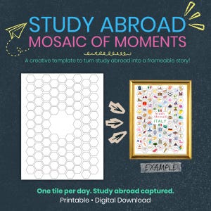 Op de afbeelding: Een donkerblauwe poster met de tekst "STUDY ABROAD MOSAIC OF MOMENTS" en "A creative template to turn study abroad into a frameable story!". Bevat een sjabloon met honingraatpatroon en een ingelijst voorbeeld met de tekst "Study Abroad ITALY".