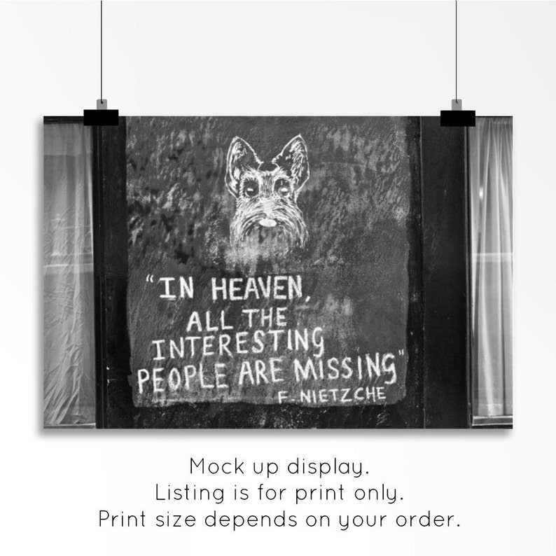 May include: Black and white photo of a wall with a quote by Friedrich Nietzsche, "In heaven, all the interesting people are missing." The quote is written in white chalk and a drawing of a dog is above the quote.