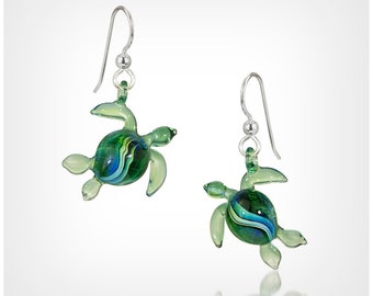 Sea Turtle Earrings, Flameworked Glass