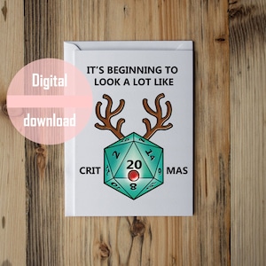 Afdrukbare kerkers en draken wenskaart, D&D, kerstkaart, humorkaart, geek wenskaart, nerdy, d20, natuurlijke 20, Kerstmis