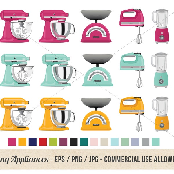 Retro Baking Clipart - Stand Mixer - Kitchen Tools Vector - Bakery Clipart - Stand Mixer, Blender, Scales Commercial Use - Cake Shop