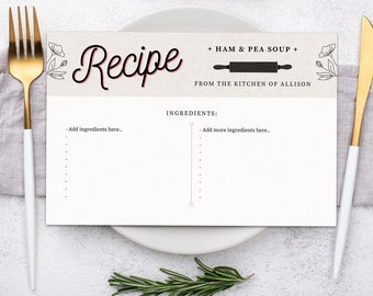 Printable recipe card template, editable recipe card, retro rolling pin, floral recipe card, digital recipe, pdf, kraft recipe card