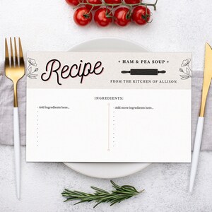 Plantilla de tarjeta de receta imprimible, tarjeta de receta editable, rodillo retro, tarjeta de receta floral, receta digital, pdf, tarjeta de receta kraft