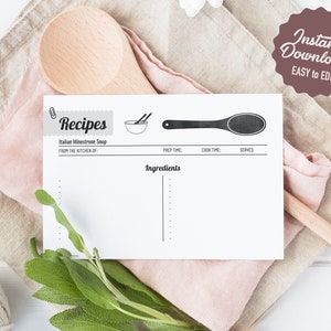 Editable Wooden Spoon RECIPE CARD Template - Printable - Instant Download - Retro Black and White Recipe Card