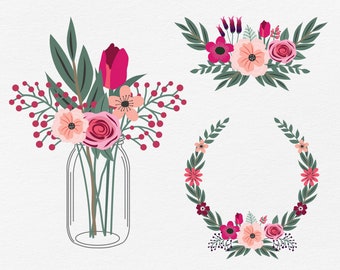 Spring flowers clipart, wildflower graphics, floral bouquet, mason jar clipart, rustic pink flowers, hand drawn flowers, wedding clipart