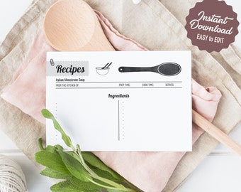 Editable Wooden Spoon RECIPE CARD Template - Printable - Instant Download - Retro Black and White Recipe Card