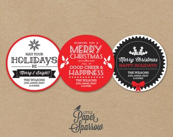 EDITABLE Printable Christmas Labels - INSTANT DOWNLOAD - Festive Holiday Sticker - Gift Tag - Vintage - 2.5 Inch - Red, Black and White -