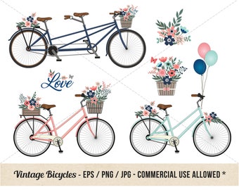 Floral Tandem Bicycle Clipart - Retro Flower Basket Bike - Amsterdam - Commercial Use - Vintage Bicycles - Picnic Basket, Wildflowers