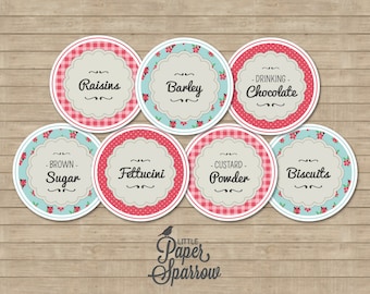 EDITABLE Pantry Jar and Canister Labels - Retro - Vintage - Gingham, Floral and Polka Dot, Pink, Blue