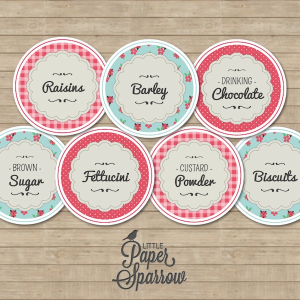 EDITABLE Pantry Jar and Canister Labels - Retro - Vintage - Gingham, Floral and Polka Dot, Pink, Blue