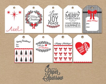EDITABLE PRINTABLE Christmas Gift Tags - Instant Download - Stylish Typographic, Snowflake, Wreath, Made With Love, Noel, Red, Black, White