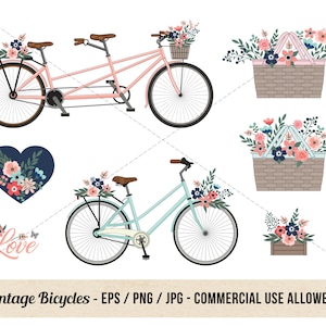 Floral Bicycle Clipart - Bike Floral Clipart - Commercial Use - Vintage Retro Bicycles and Flowers - Picnic Basket, Love, Wedding