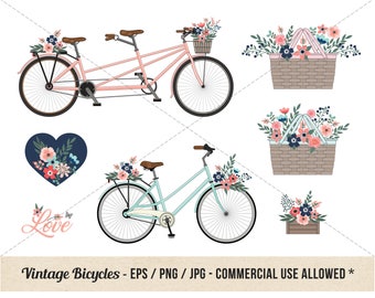 Floral Bicycle Clipart - Bike Floral Clipart - Commercial Use - Vintage Retro Bicycles and Flowers - Picnic Basket, Love, Wedding
