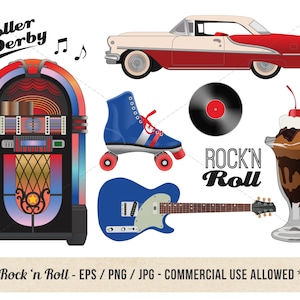 以下が含まれることがあります： レトロなテーマのイラストのセット。赤と白の車、青いローラースケート、ジュークボックス、黒いレコード、チェリーをトッピングしたチョコレートミルクシェイク、青いエレキギターに「Rock'n Roll」の文字が書かれている。