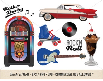 Retro Rock and Roll Clipart - juke box - Classic Car Retro Roller Derby - 1950s - 1960s - 1970s party - Sundae Record - Electric Guitar