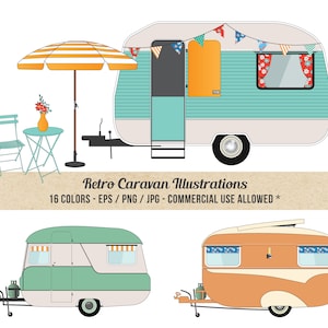 Caravan Clipart - Camper Clipart - Commercial Use - Detailed Retro Caravans - Beach - Pop top