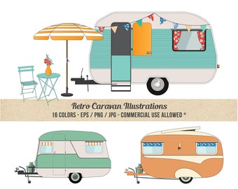 Caravan Clipart - Camper Clipart - Commercial Use - Detailed Retro Caravans - Beach - Pop top