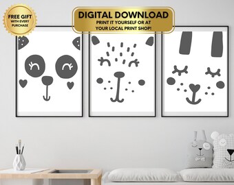 Animal Faces Printable Set of Three DIGITAL DOWNLOAD, Choose Your Colors, Nursery Decor, Animal Wall Art, Nursery Print, Scandinavian Print