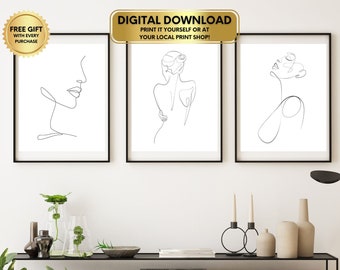 One Line Woman Printable Set of Three DIGITAL DOWNLOAD, Line Art Woman Body Wall Art, Bathroom Wall Decor, Home Decor Gift for Her