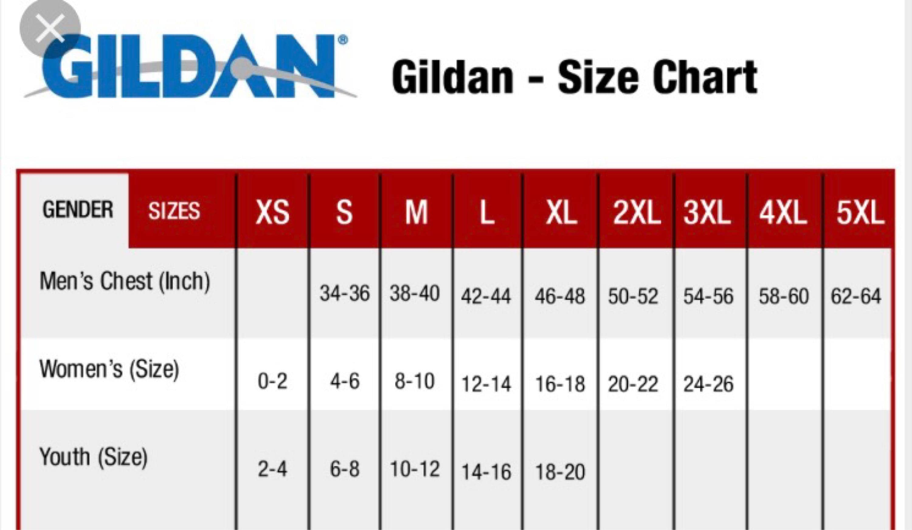 Gildan 5000 Size Chart For T Shirts