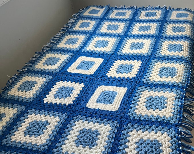Vintage Blue and White Granny Square Afghan
