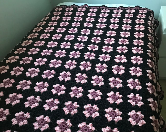 Hand Crochet Granny Square Black Pink Mauve Blanket
