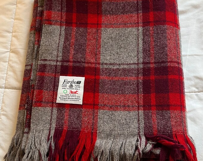 Vintage Plaid Wool Blanket Faribo Blanket Red Gray Wool Throw Wool