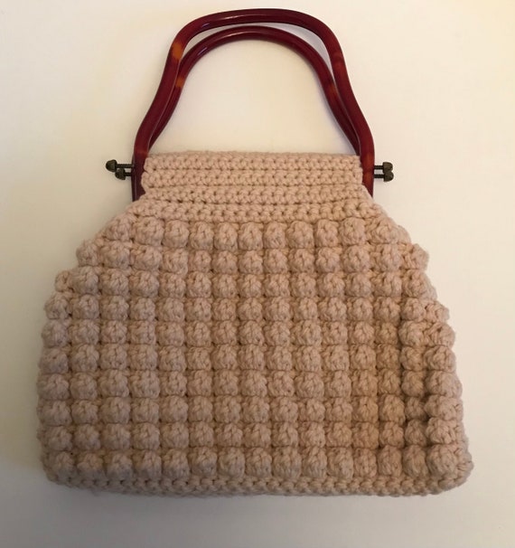 Boho Handbag | Cream Knit Bag | Bakelite Handles |