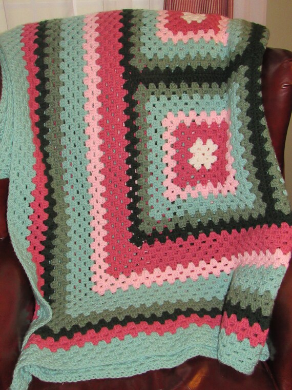 Hand Knit Green And Pink Afghan Vintage Knit Blanket Cozy Etsy