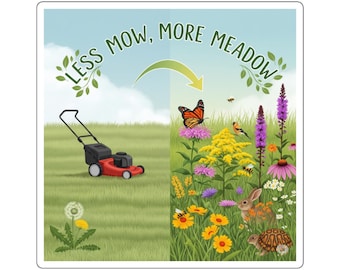 Quadratische Aufkleber - weniger mähen, mehr Wiese Wildtierlebensraum Illustration, Umweltschutz Aufkleber, Gartenarbeit Geschenk, Naturliebhaber Dekor,