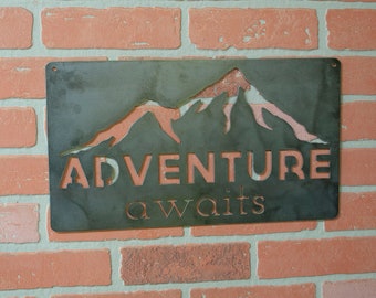 Adventure Awaits, Mountain Metal Sign, Raw Steel Industrial Decor, Cabin, Outdoor, Ironwork