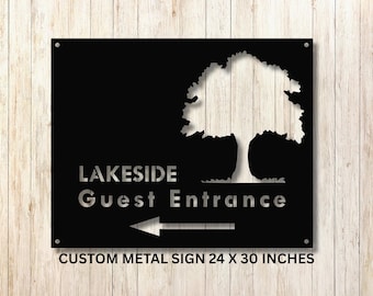 Letrero comercial de metal personalizado, entrada para invitados junto al lago