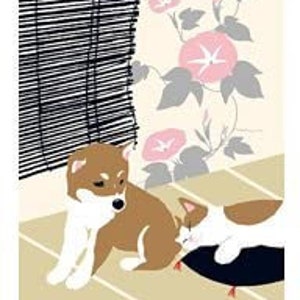 Tenugui Towel, Hand Dyed Fabric, Hamamonyo, Shiba Inu Cat Morning Glory