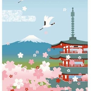 May include: A colorful illustration of a Japanese pagoda with a red roof and a green base, surrounded by pink and white cherry blossoms. The pagoda is set against a blue sky with white clouds and two white cranes flying overhead. Mount Fuji is visible in the background.